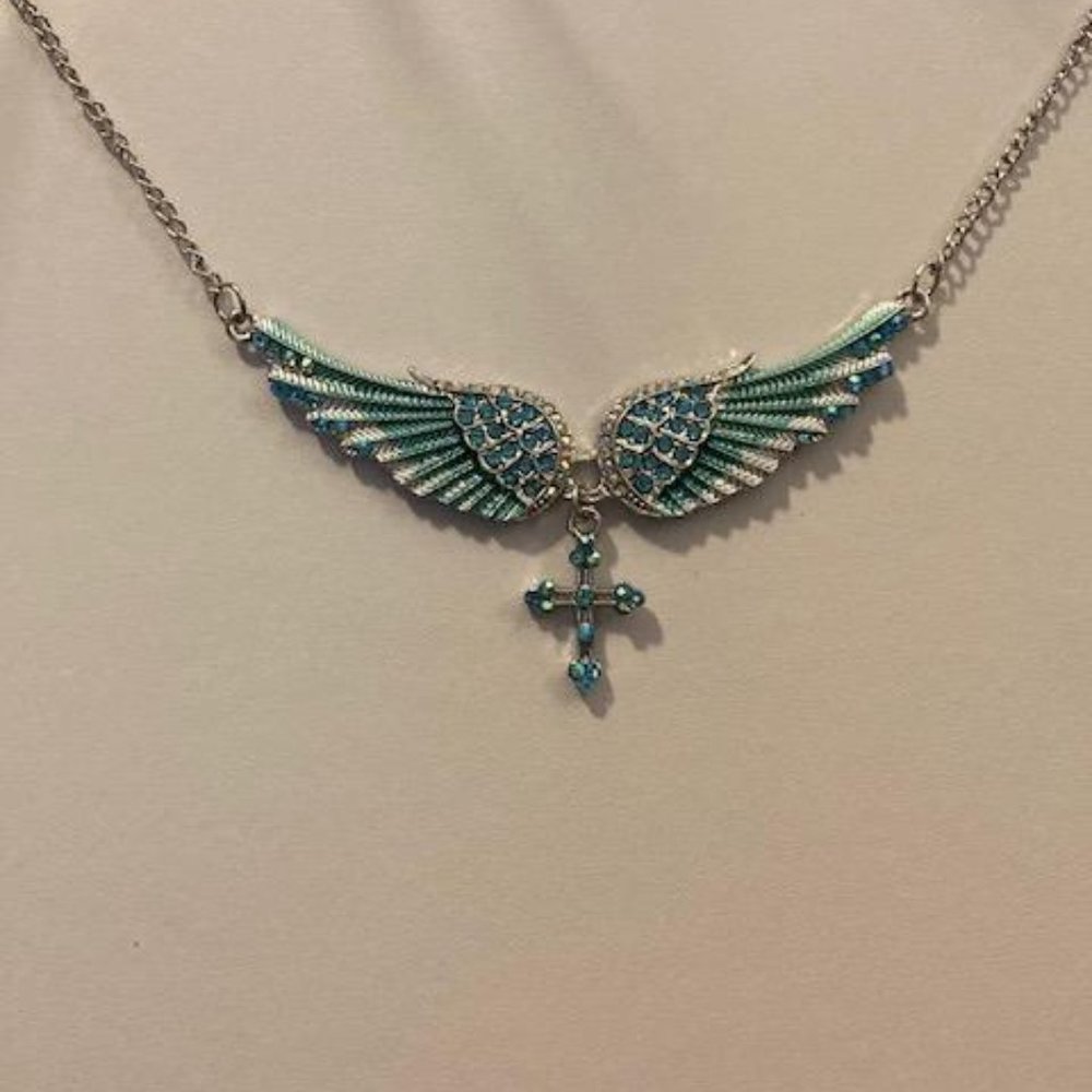 3/$15~Blue Crystal Angel Wing Necklace - Picture 3 of 4